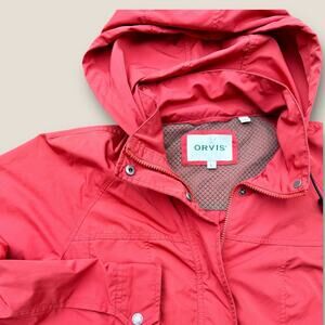 Orvis Women's Pack & Go Sedona Rain Jacket Hooded Long Anorak Red Orange Size L